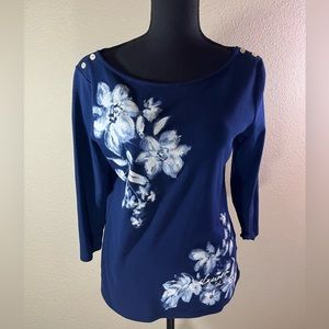 Lauren Ralph Lauren Women’s Floral Top Navy Blue Boat Neck 3/4 Sleeve Size L
